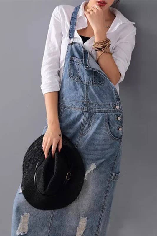 Distressed Ripped denim overall dress