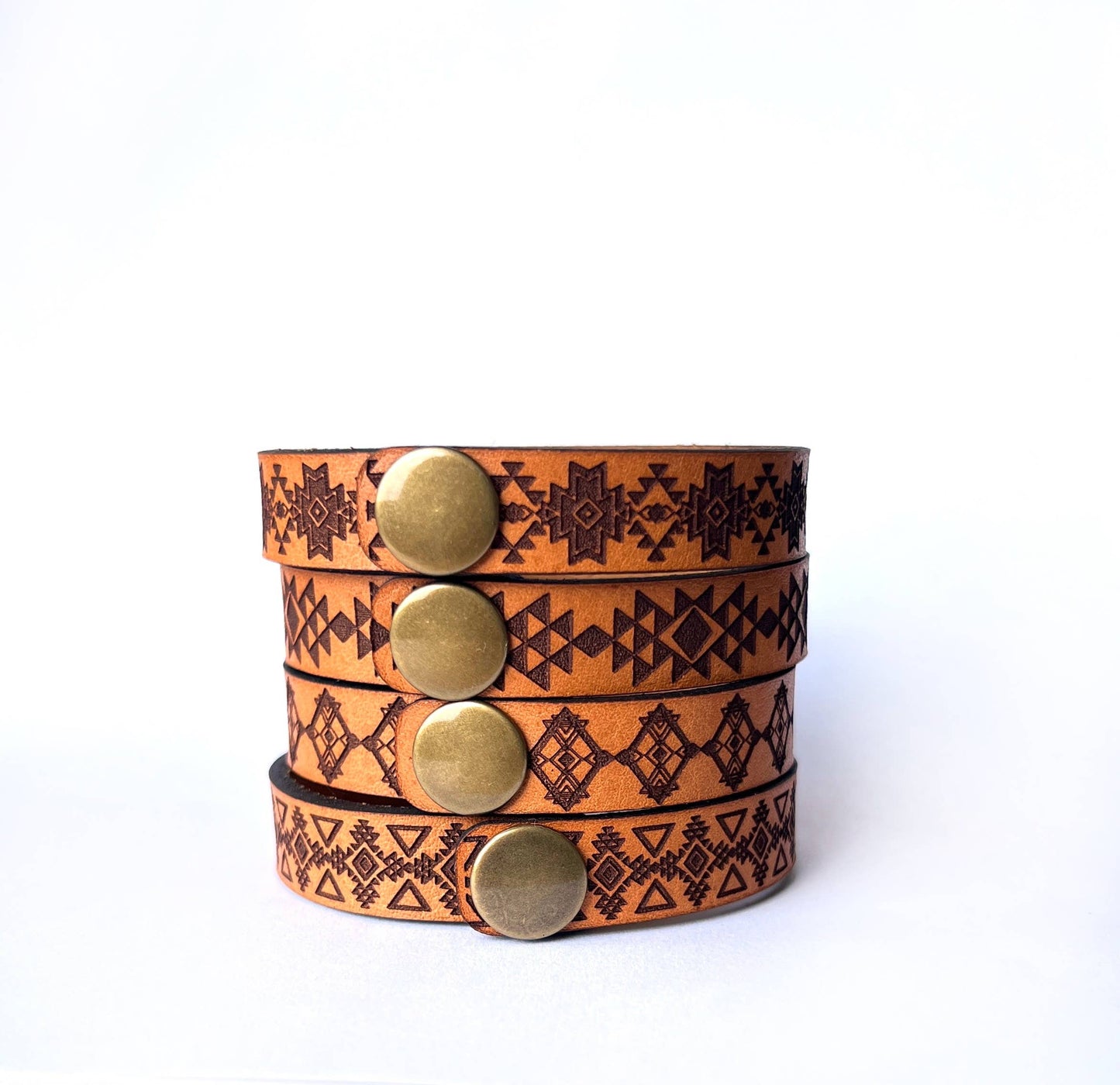Western Boho Engraved Leather Bracelet Cuff - Snap Button