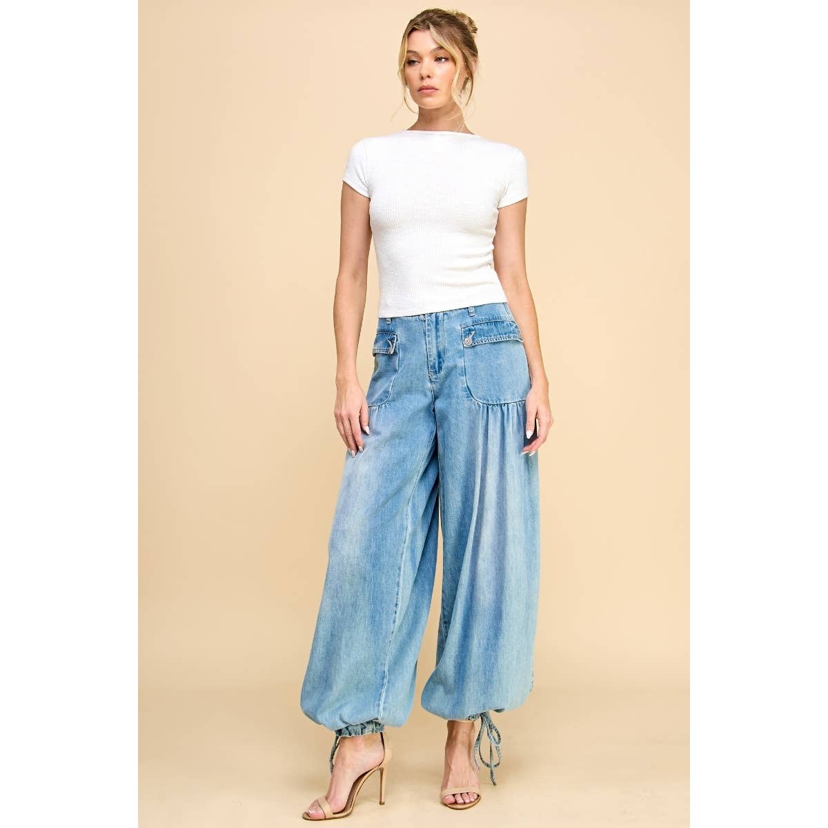 Ankle Drawstring Wide Denim Pants