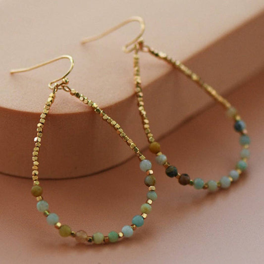Amazonite Stone Beaded Teardrop Wire Earrings - 7279