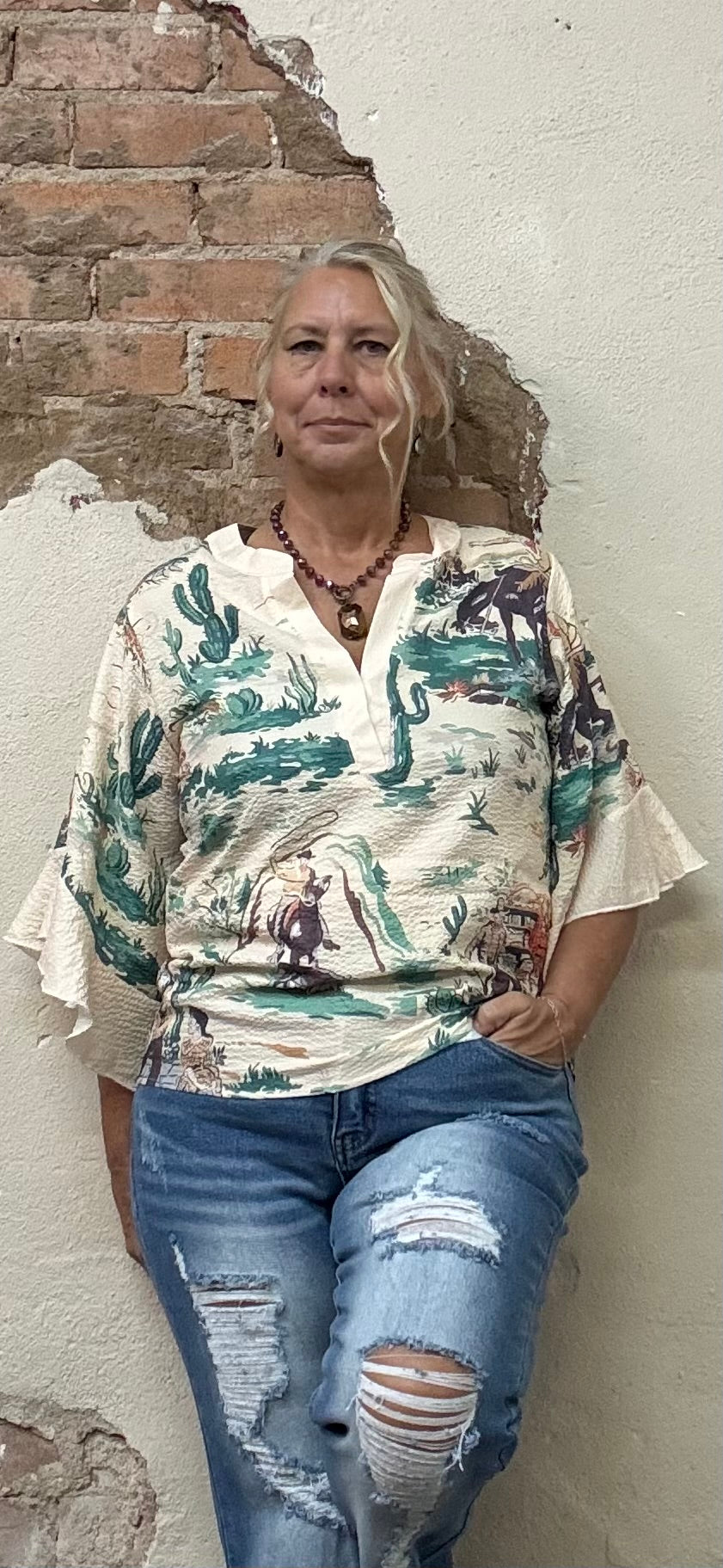 Wild Western Cowboy & Floral Print Ruffle Sleeve Top