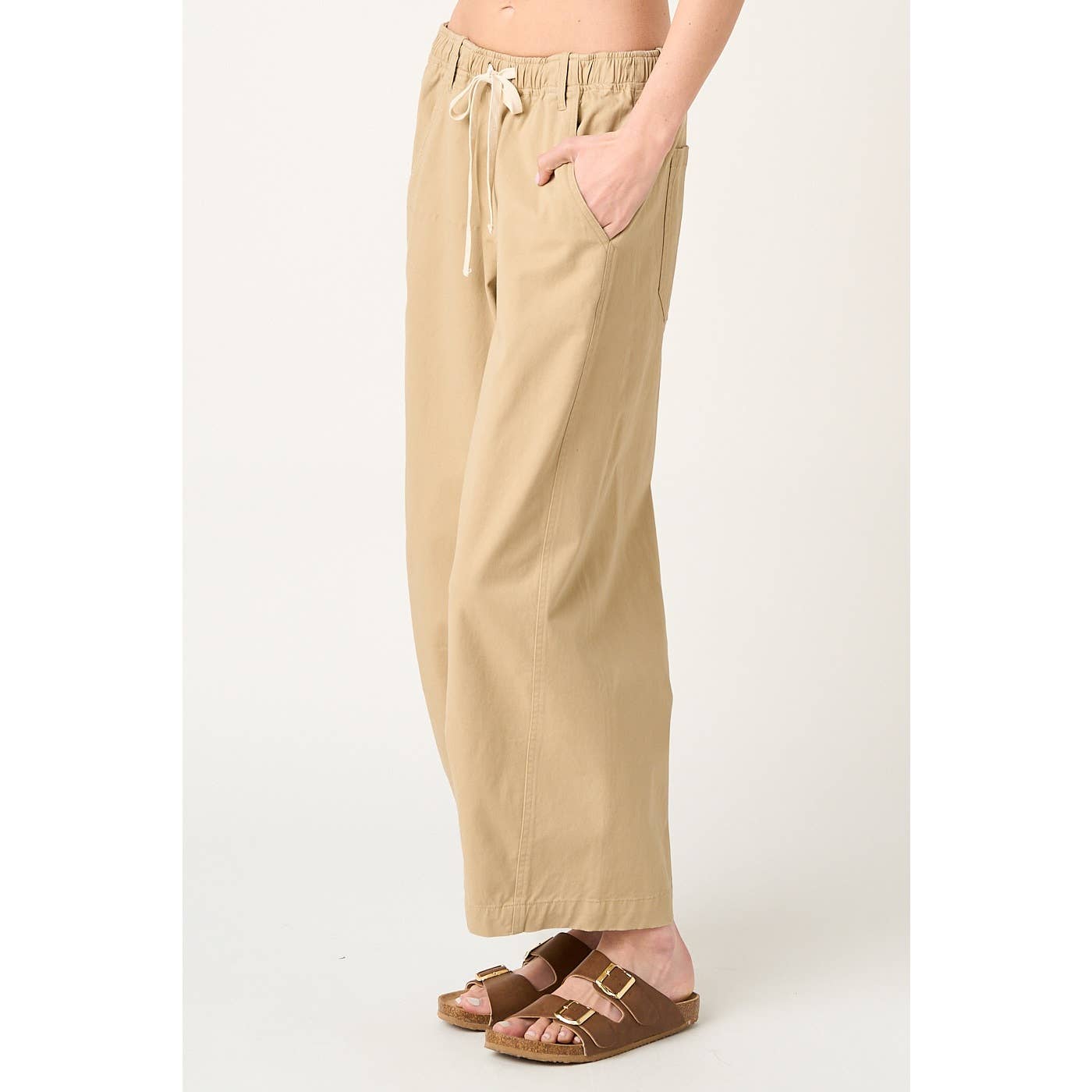 WIDE BARREL LEG DRAWSTRING ELASTIC WAIST PANTS