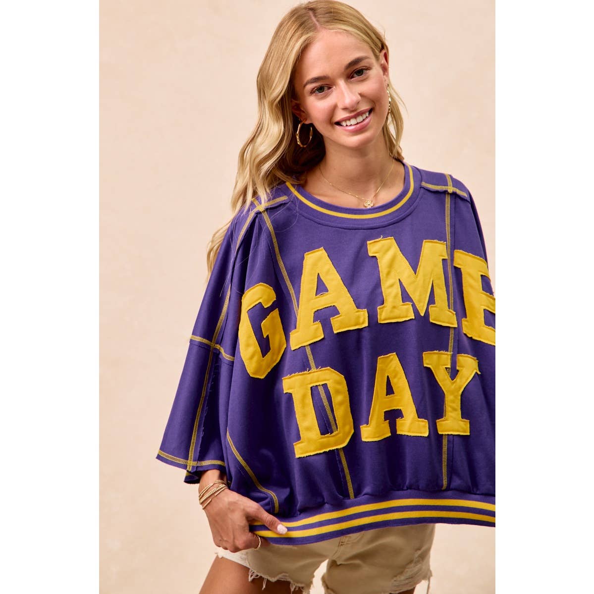 GAMEDAY PATCHWORK STITCH DETAIL FRENCH TERRY TOP
