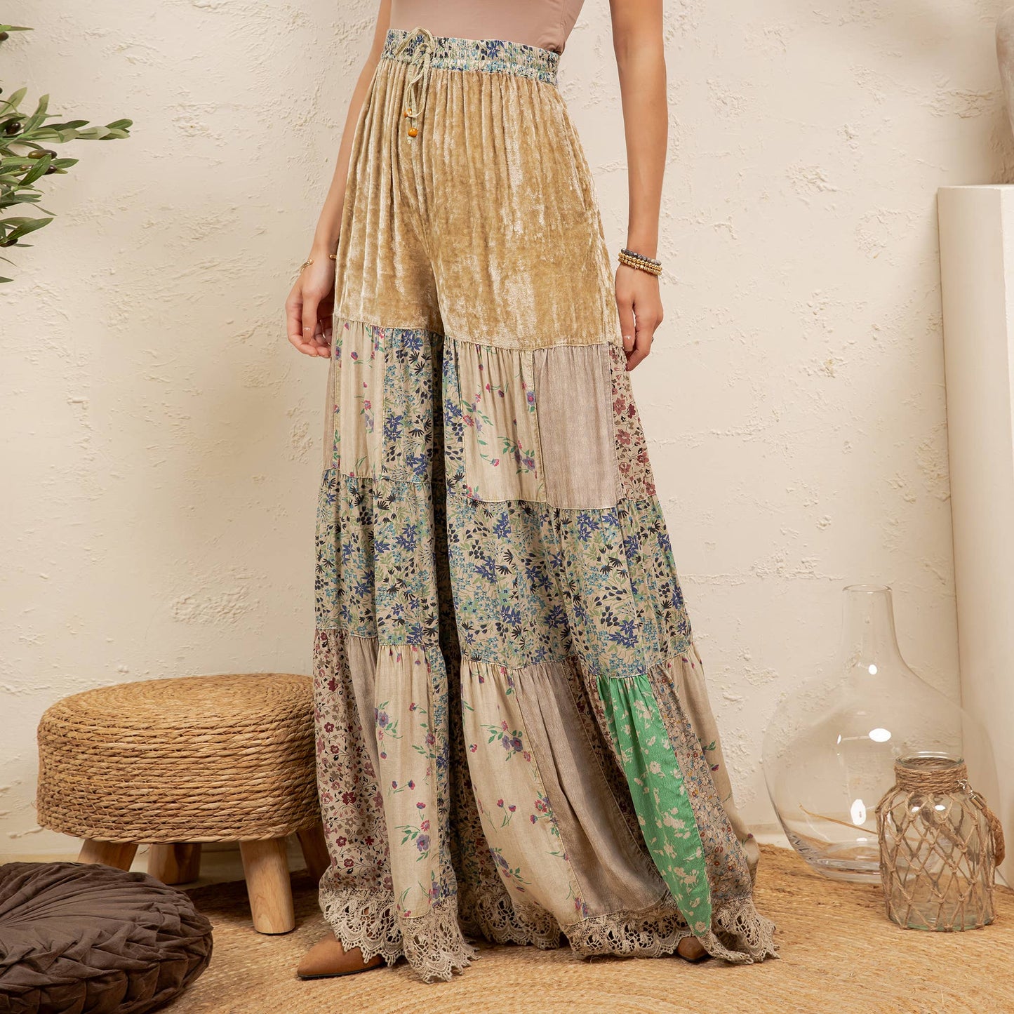 Boho Tiered Patchwork Flare Pant Velvet Drawstring Waist NEW
