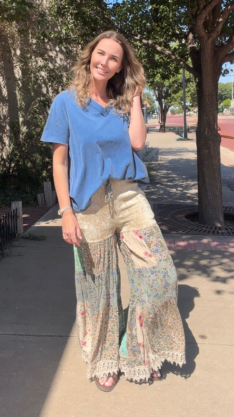 Boho Tiered Patchwork Flare Pant Velvet Drawstring Waist NEW