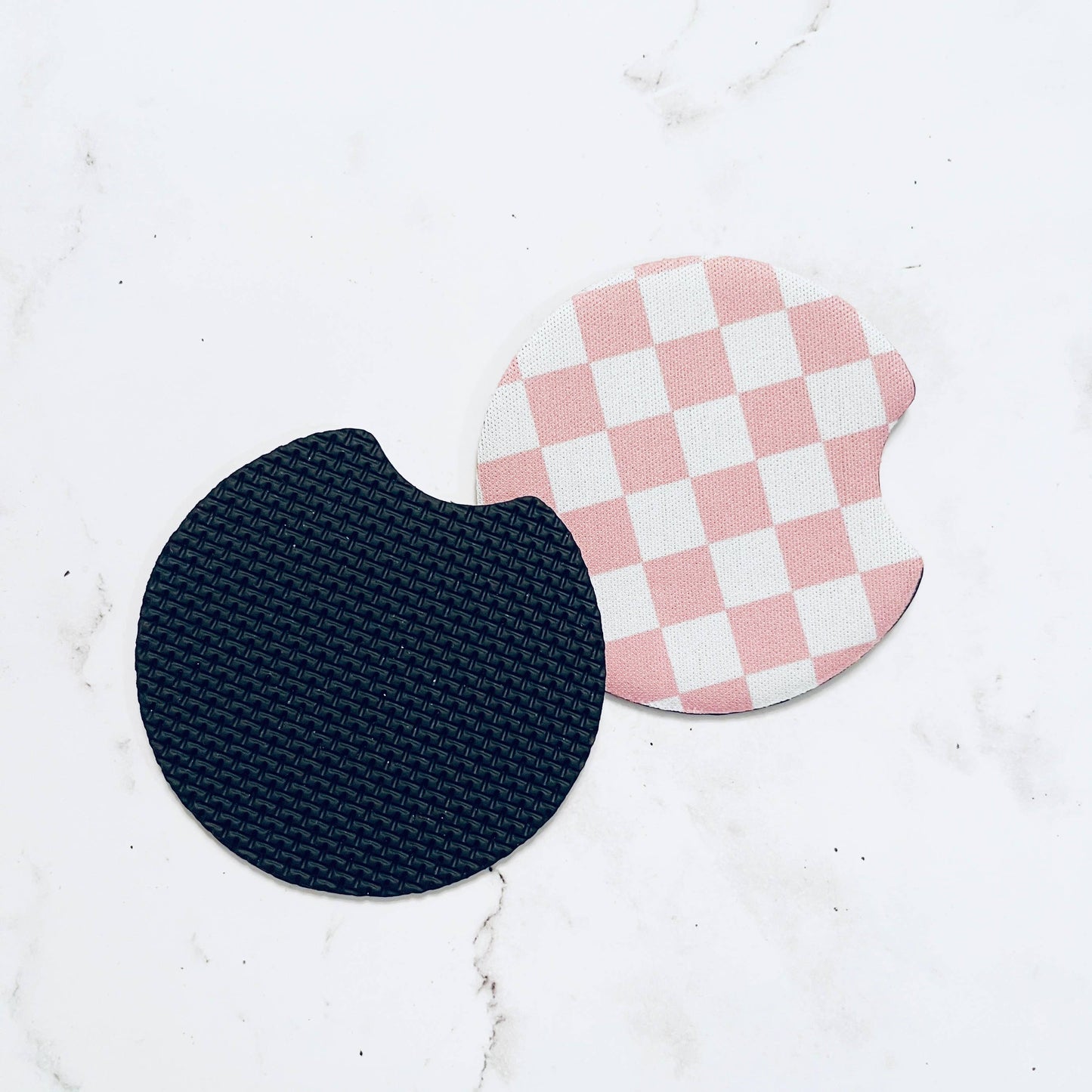 2 Car Coasters, Retro Floral and Pink Check