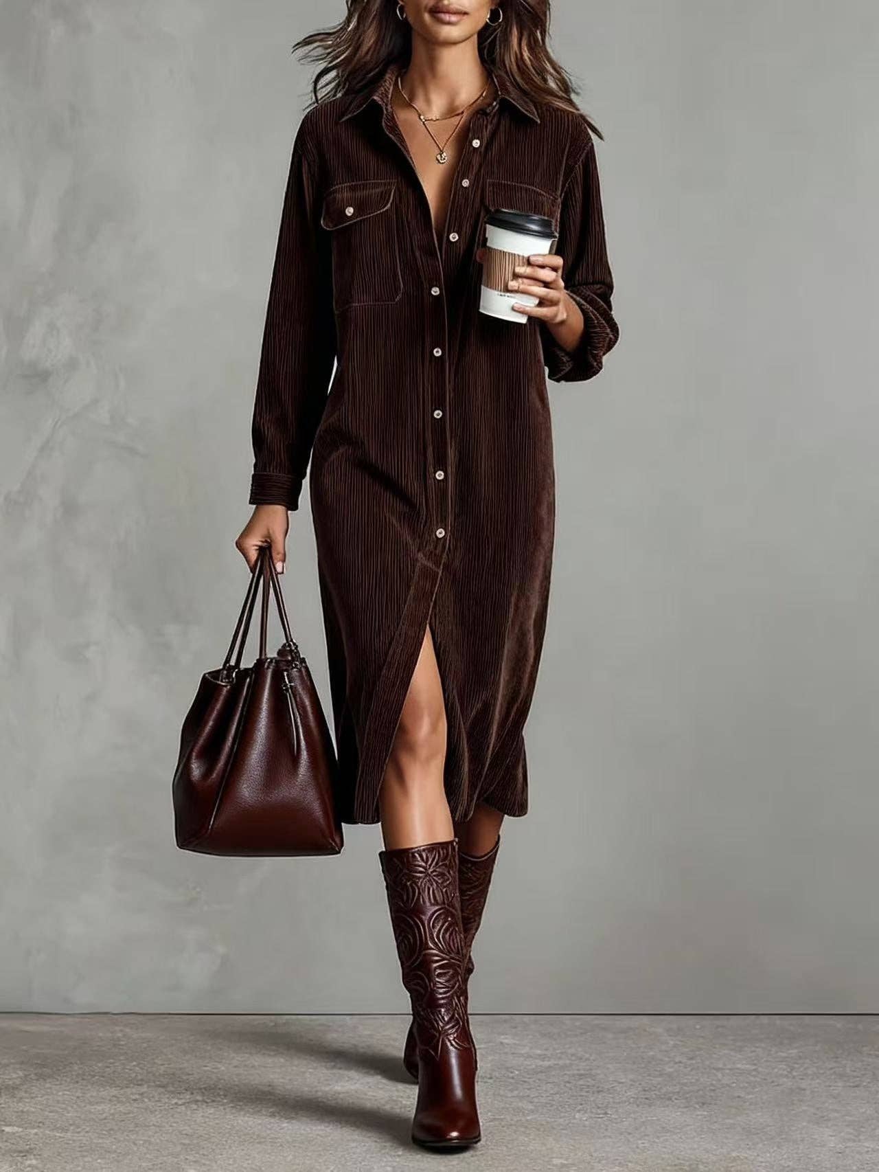 Women Corduroy Long Sleeve Shirt Dress
