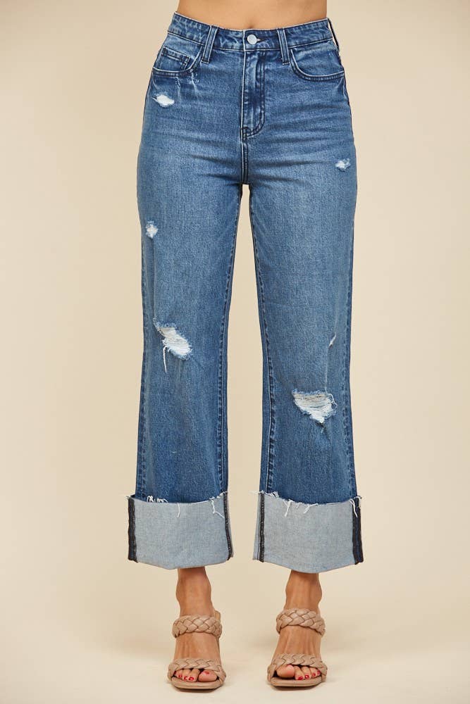 STRAIGHT LEG BOYFRIEND FIT CUFFED JEANS -DENIM