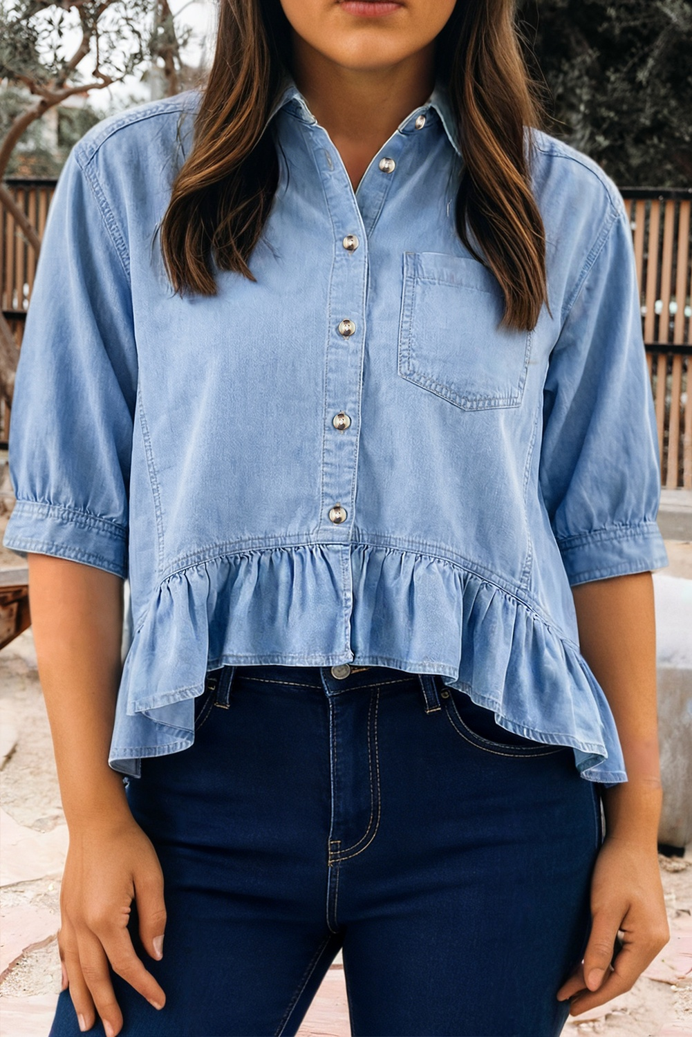 Half Sleeve Button Down High Low Chambray Shirt (S-XL)