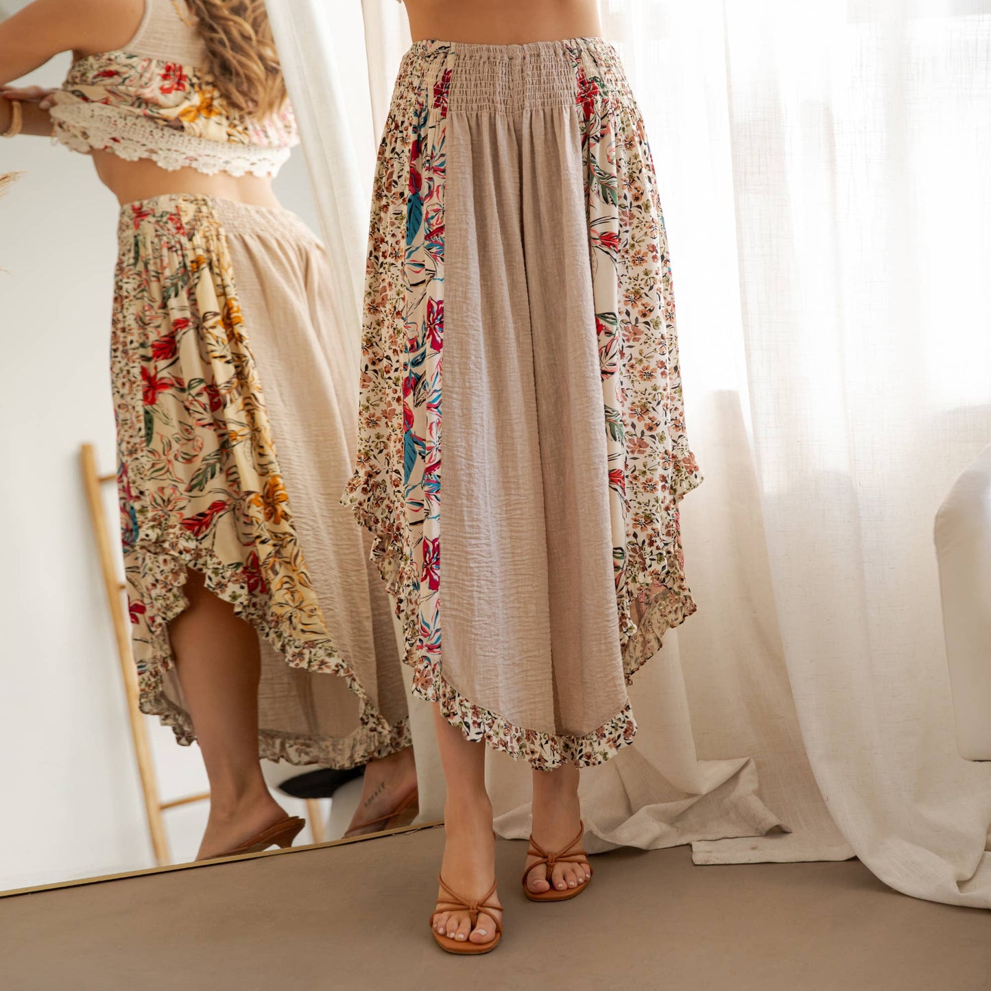 Artisan Boho Floral Panel Smocked Waist Wide-Leg Pants NEW