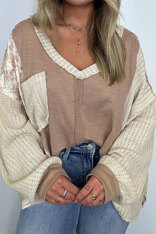 Floral Waffle Knit Color Block Pullover Top CY163