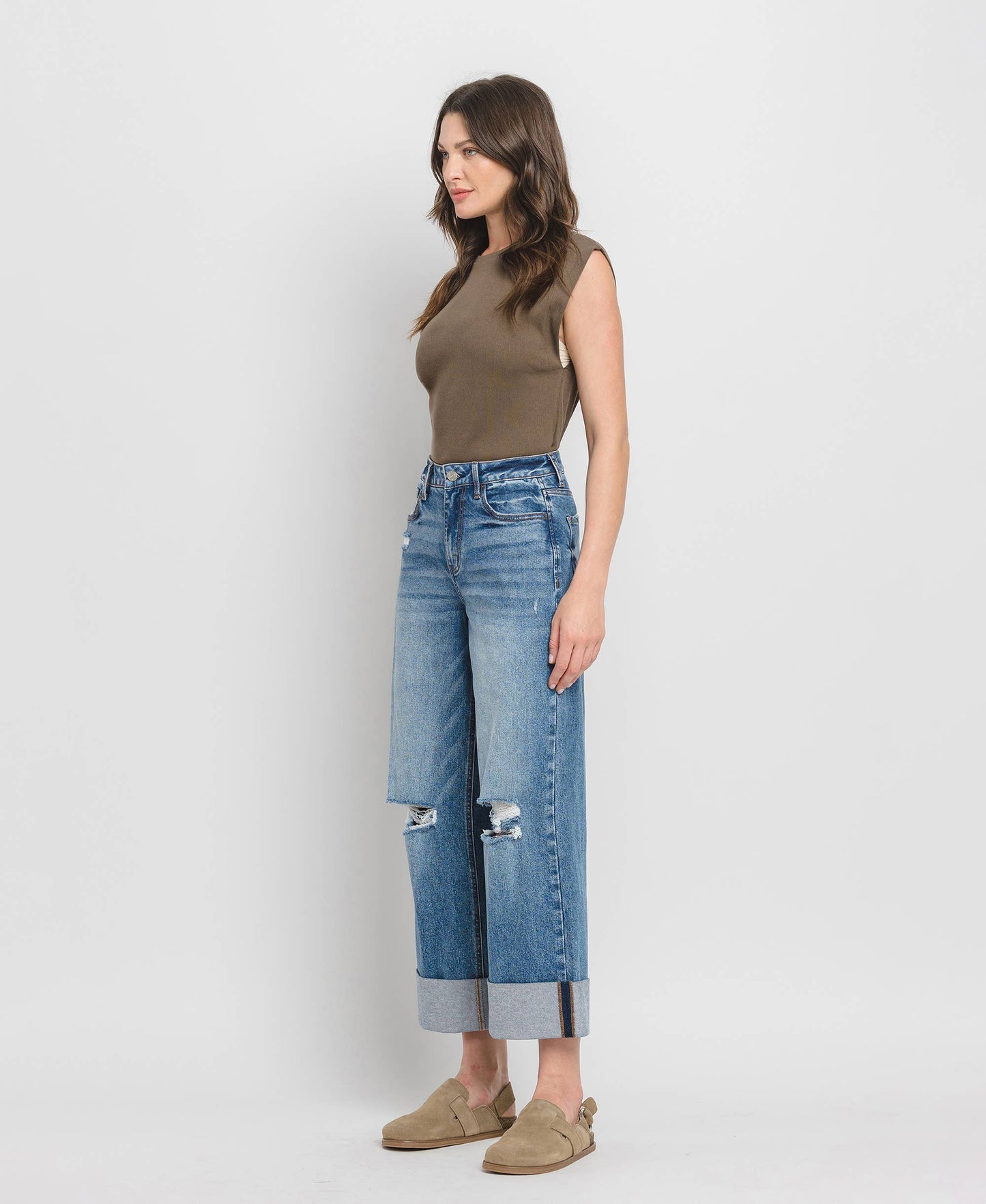 SUPER HIGH RISE DOUBLE CUFFED BAGGY WIDE JEANS LV1459