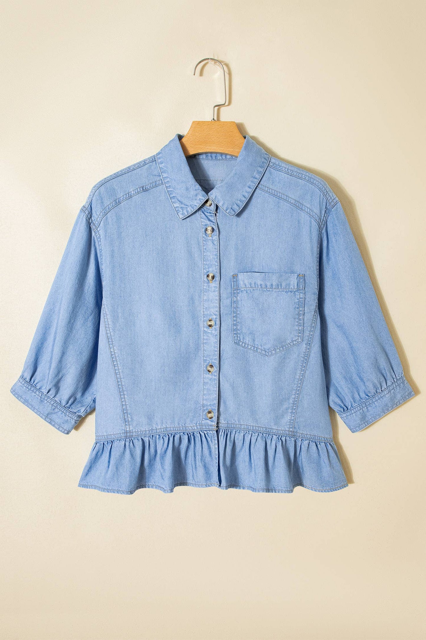 Half Sleeve Button Down High Low Chambray Shirt (S-XL)