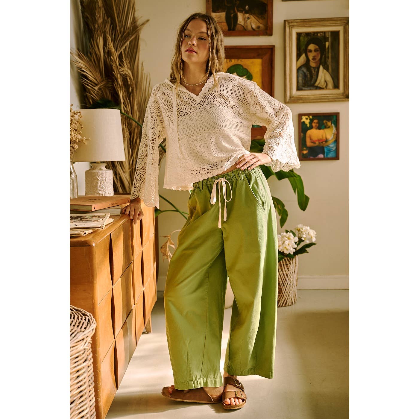 WIDE BARREL LEG DRAWSTRING ELASTIC WAIST PANTS