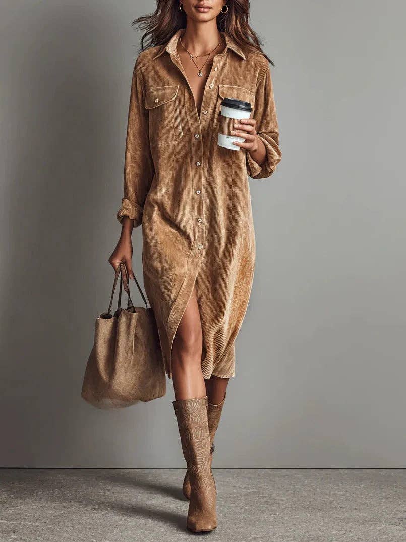 Women Corduroy Long Sleeve Shirt Dress