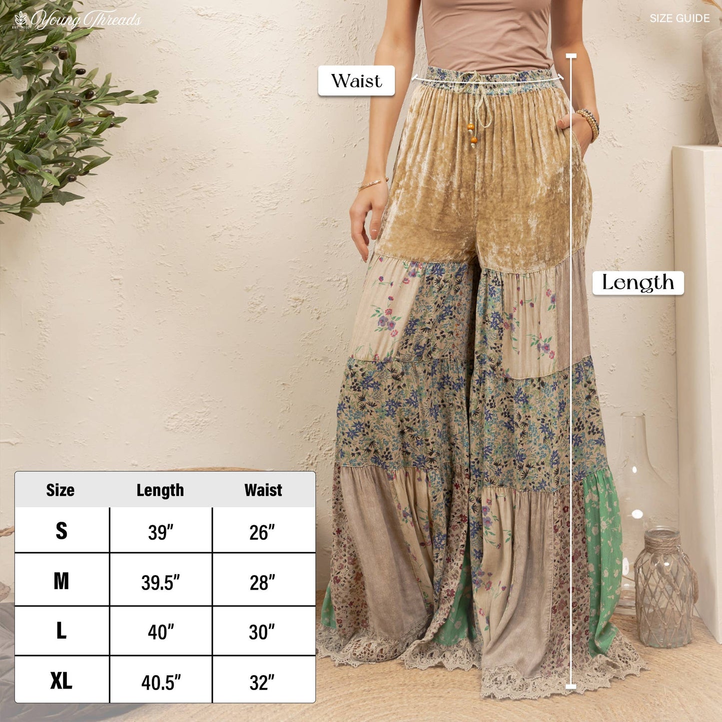 Boho Tiered Patchwork Flare Pant Velvet Drawstring Waist NEW