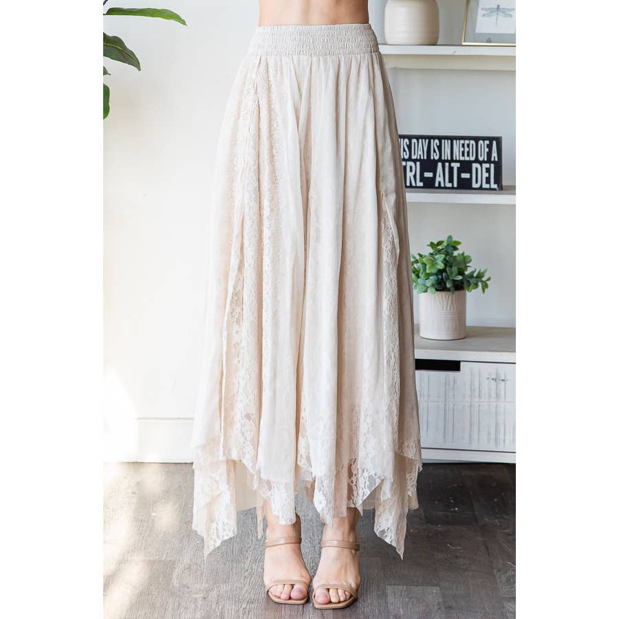 CHIFFON LACE MIXED OVERLAY A-LINE MIDI SKIRT