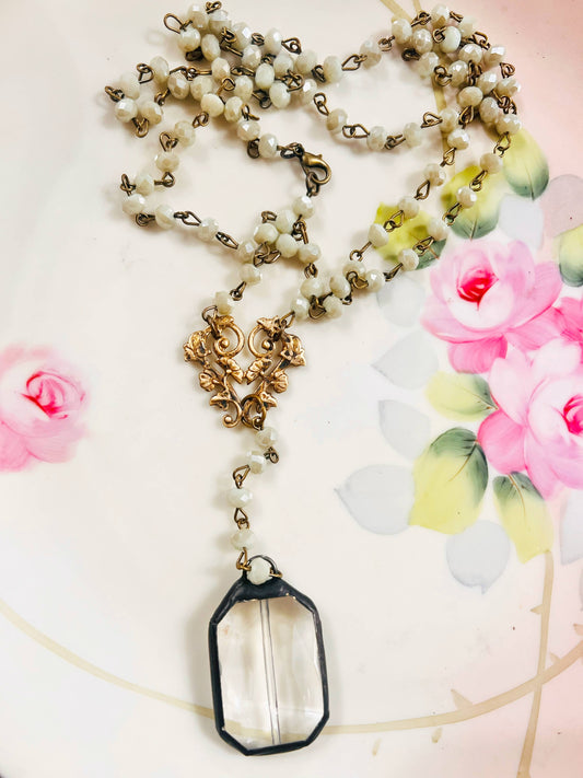 Soldered Crystal Drop Rosary Style Beaded Chain Necklace