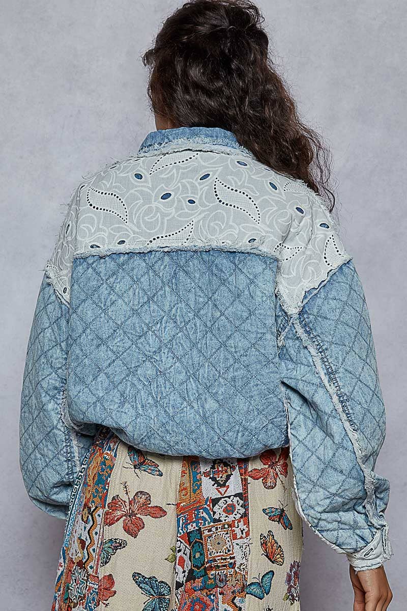 Vintage washing solid lace patch quilting woven jacket