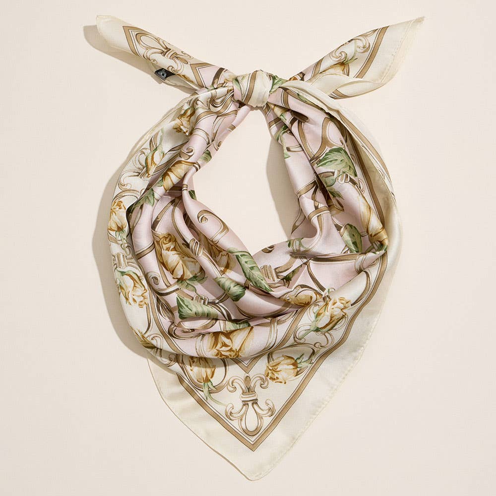 Vintage Rose Chain Border Printed Square Silky Satin Scarf