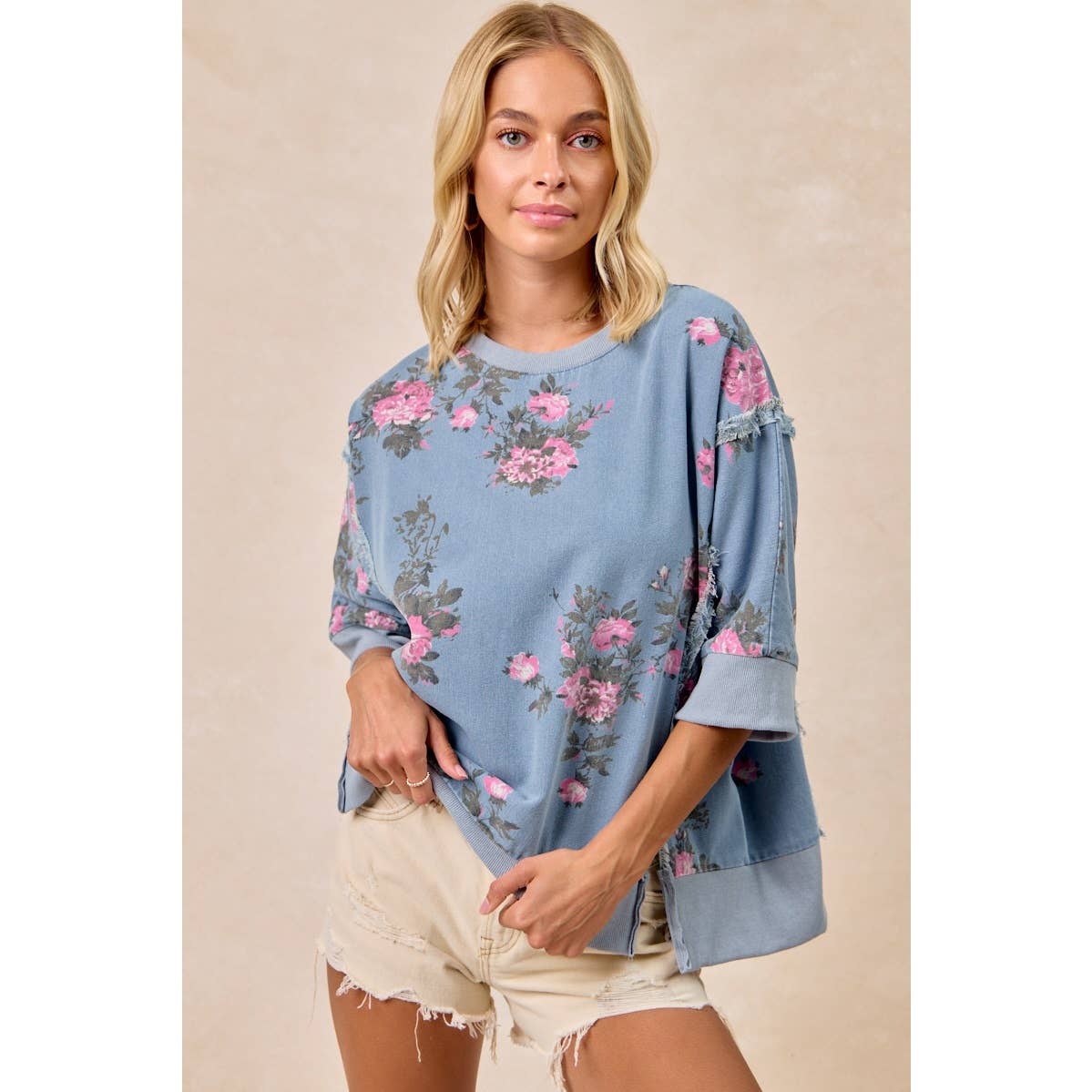 FLOWER PRINTED DENIM OPENSEAM DETAIL TOP