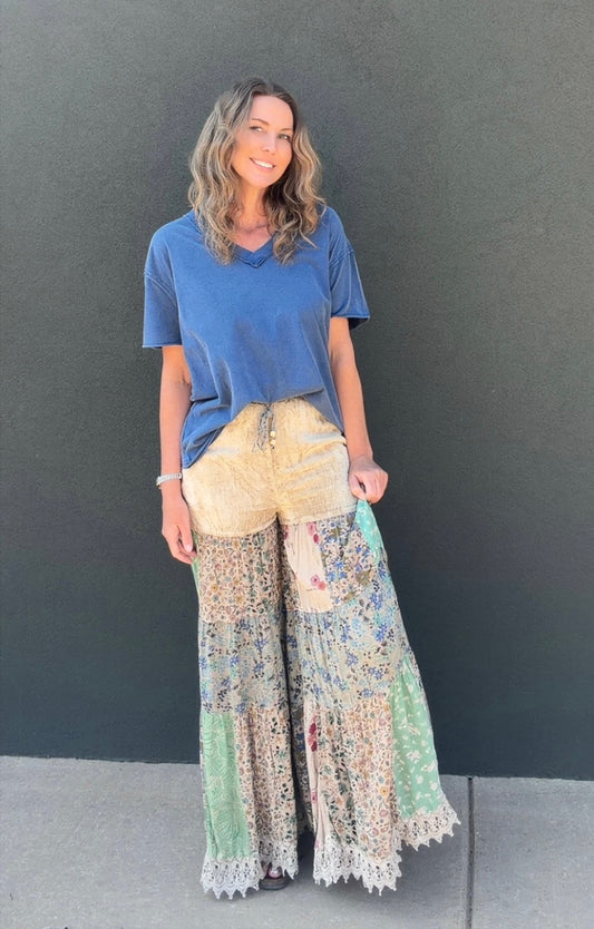 Boho Tiered Patchwork Flare Pant Velvet Drawstring Waist NEW
