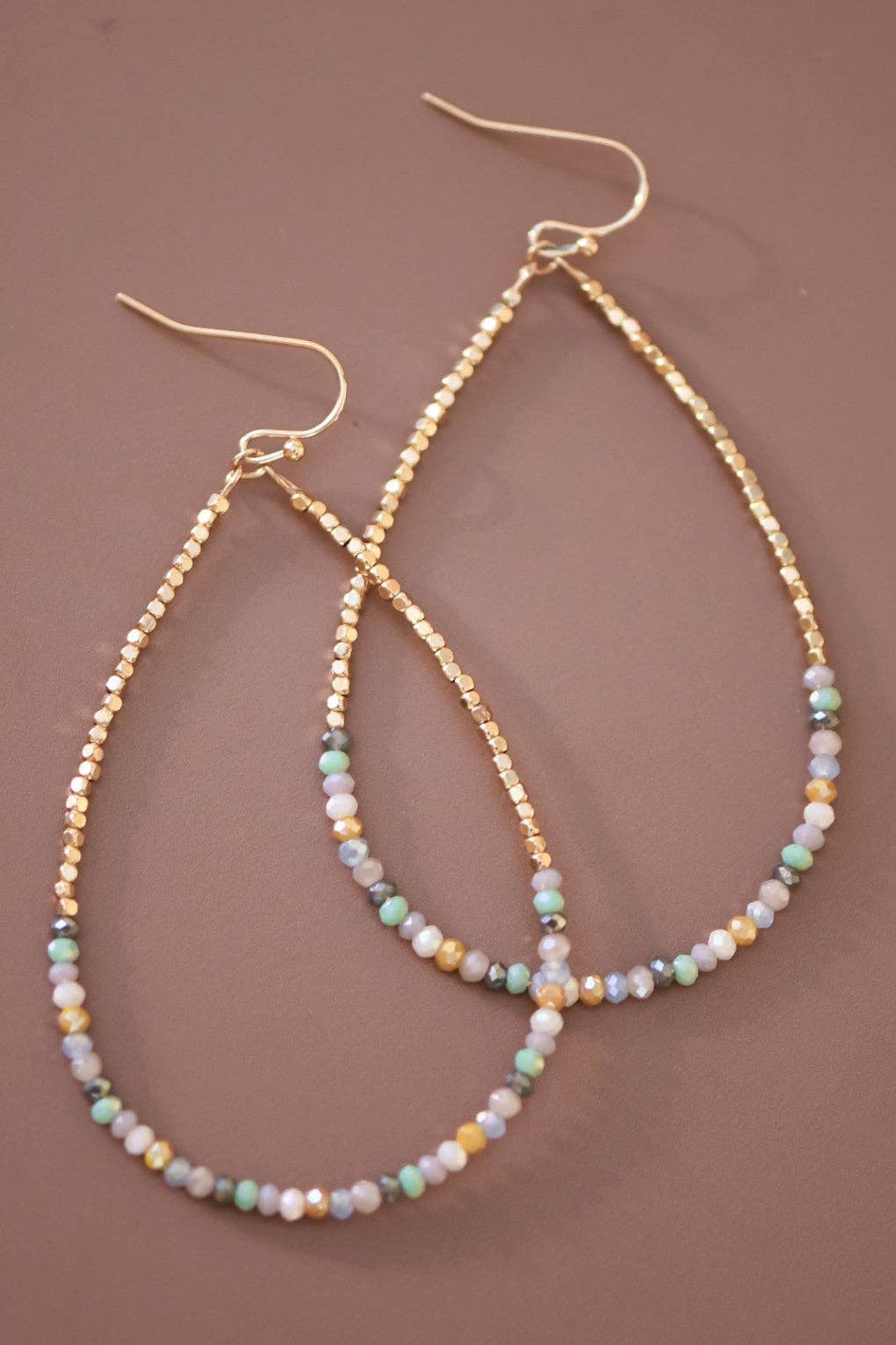 Teardrop Wire Beaded Earrings with Glass Crystals - 6111