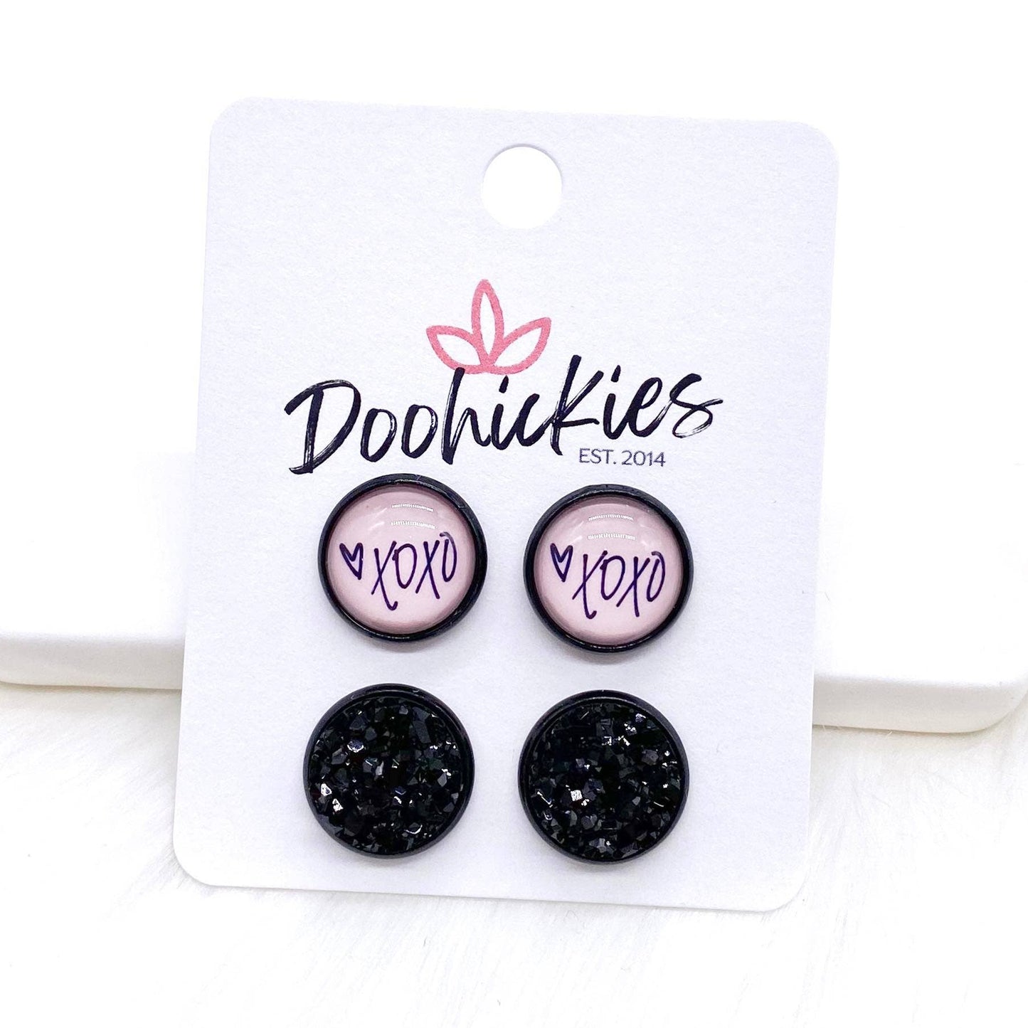 12mm Valentine Pink XOXO & Black in Black Settings -Earrings