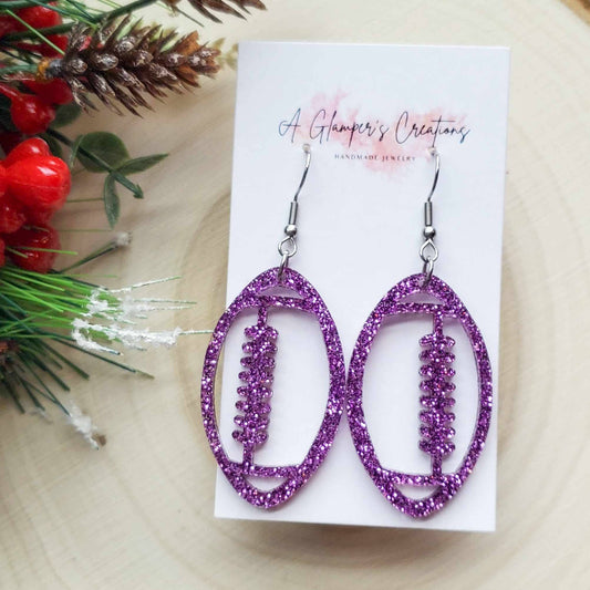 Purple Glitter Acrylic Football Game Day Earrings