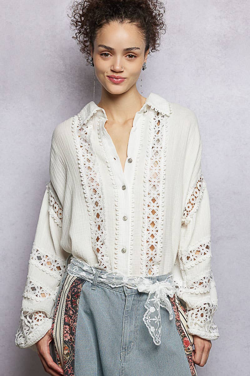 Collar neck balloon sleeve double gauze shirt top