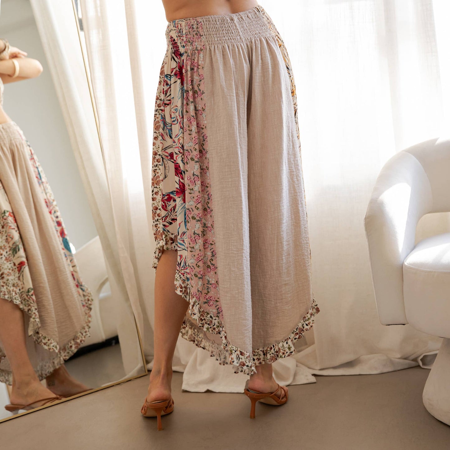 Artisan Boho Floral Panel Smocked Waist Wide-Leg Pants NEW