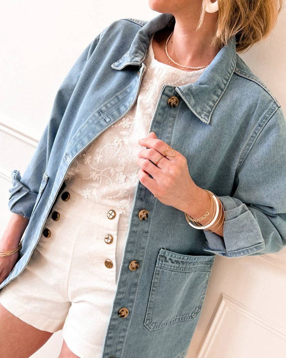 Denim Button Front Pocketed Jacket