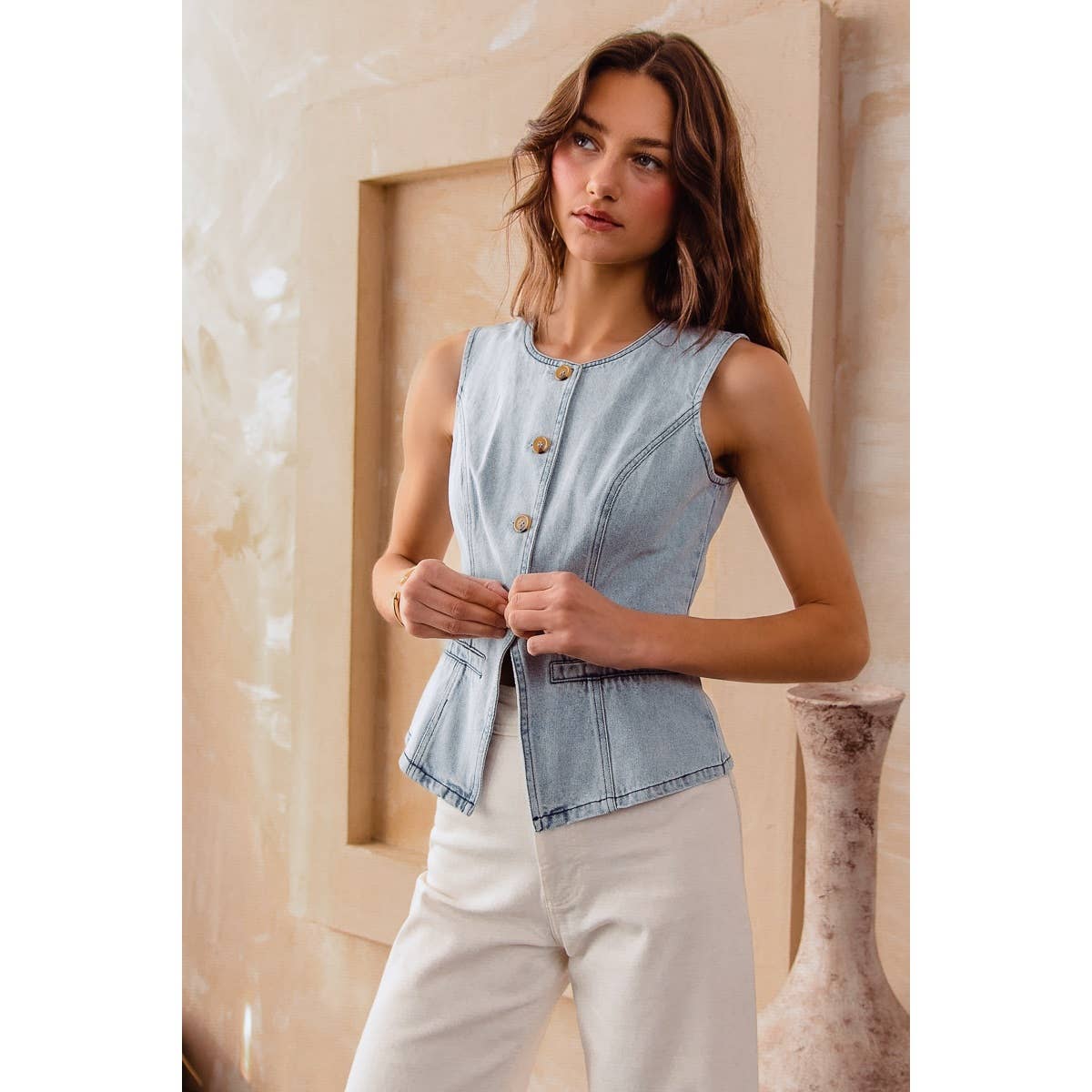 SLIM FIT BUTTON FRONT DENIM VEST TOP
