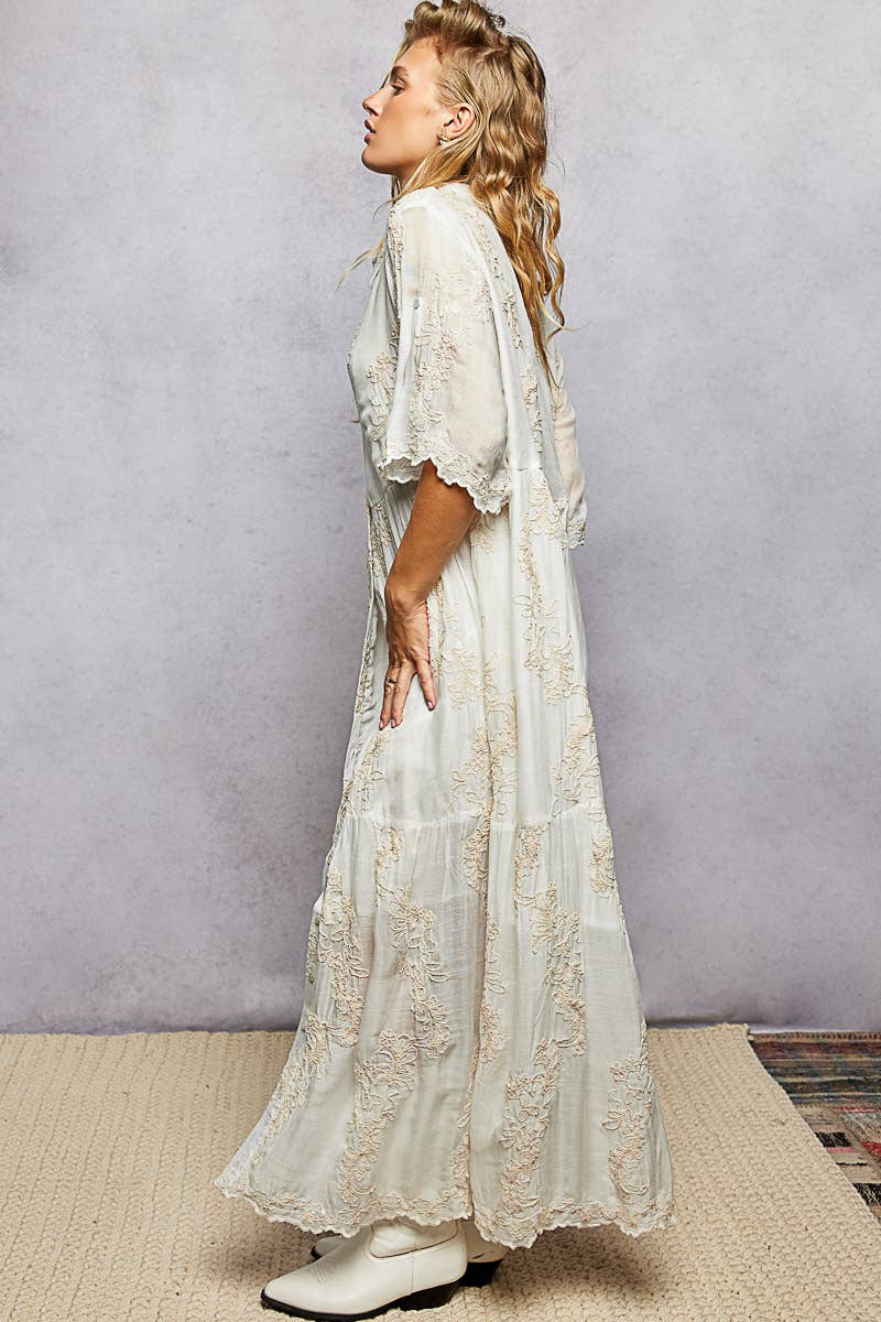 Embroidered Shirred Ruffle Button-Down Shirt Dress