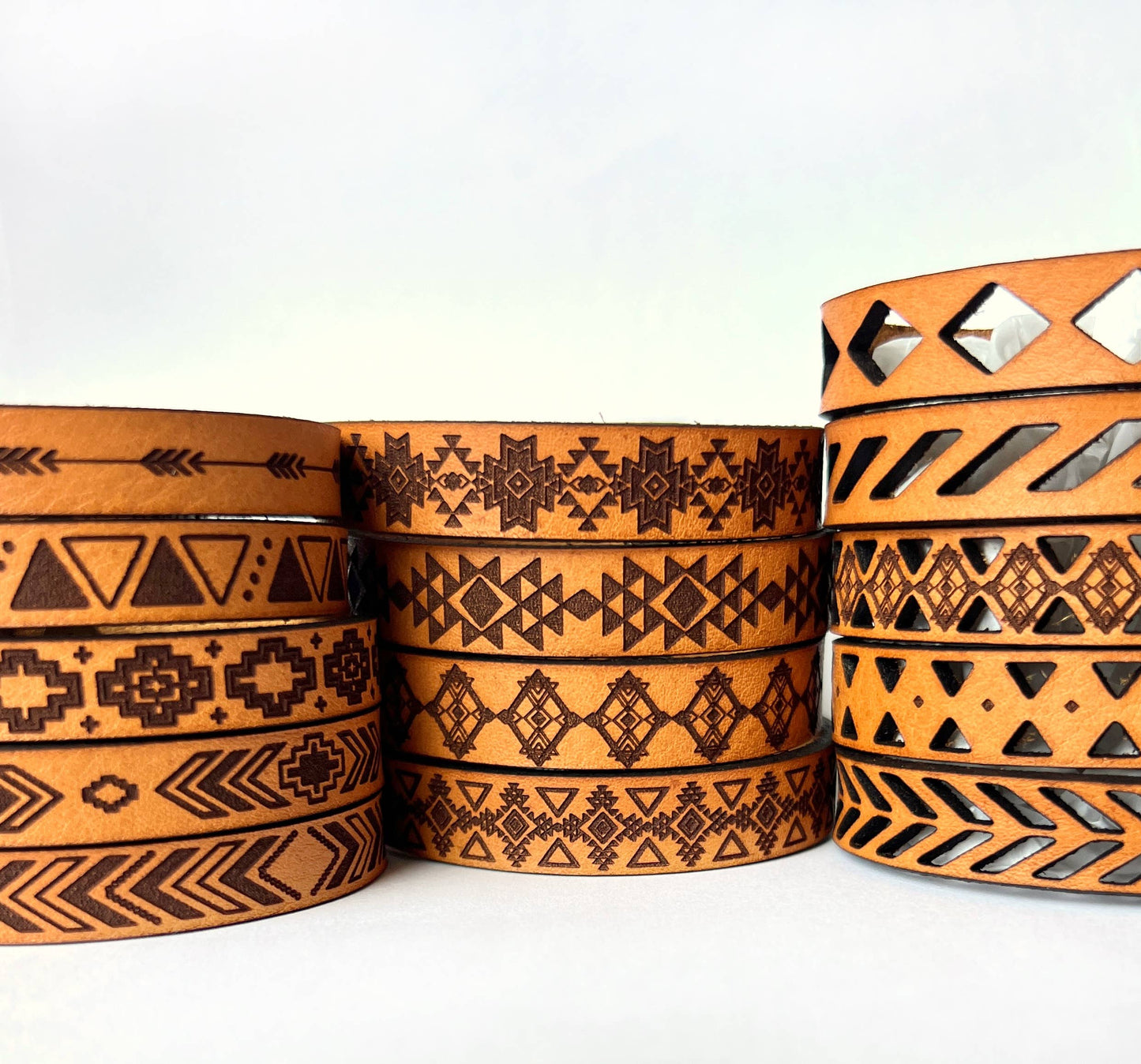 Western Boho Engraved Leather Bracelet Cuff - Snap Button