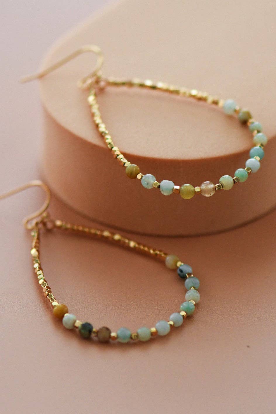 Amazonite Stone Beaded Teardrop Wire Earrings - 7279