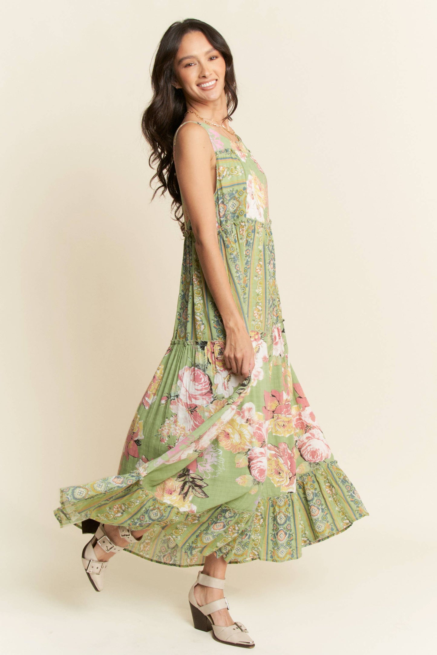 FLORAL BOHO STRIPE MIXED FULL SKIRT MIXI DRESS