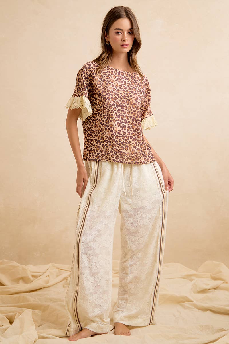 FLOWER LACE PANTS SIDE STRIPE TRIM WITH SHORTS LINING