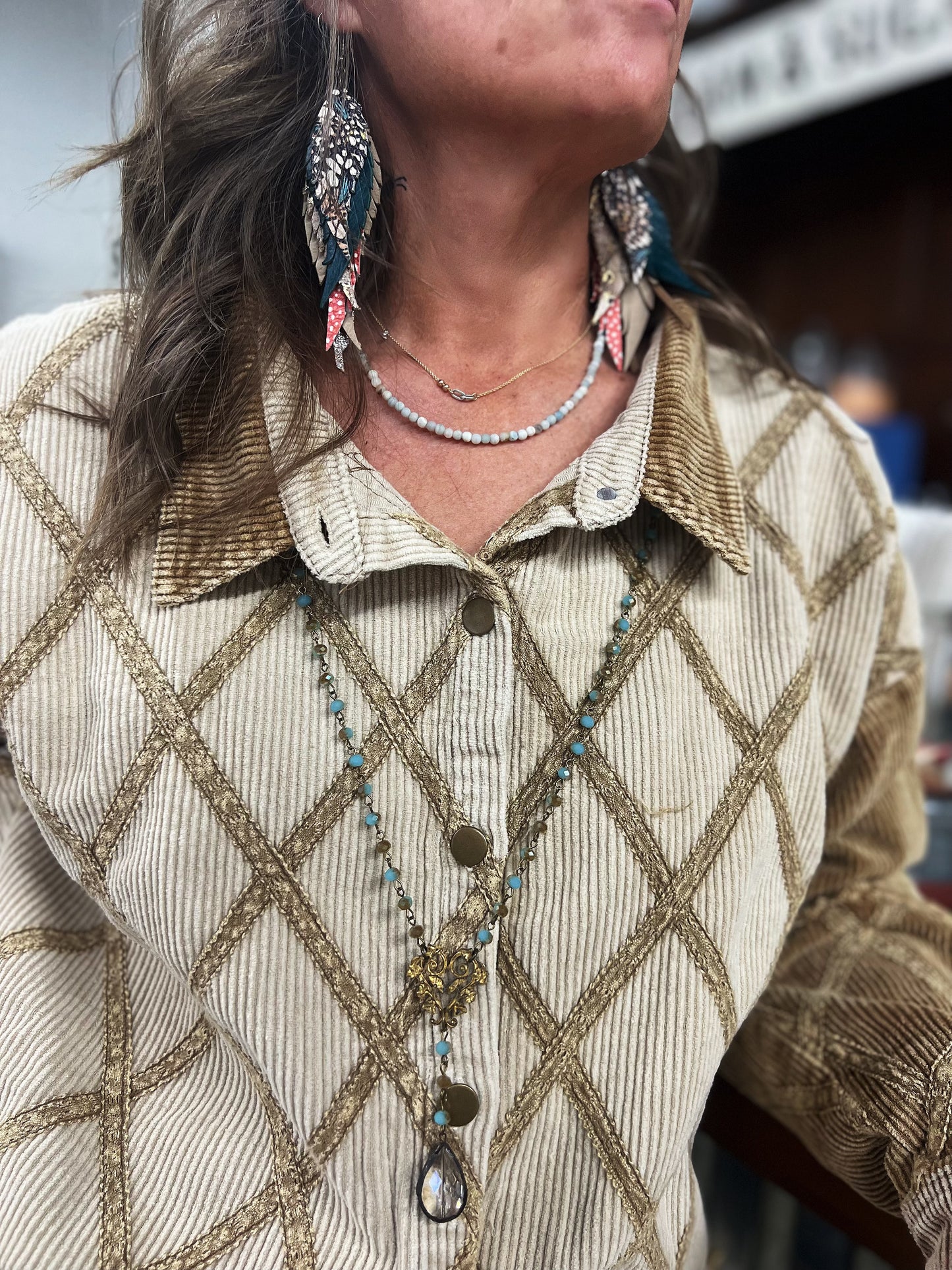 WASHED CORDUROY COLORBLOCK BUTTON DOWN SHACKET