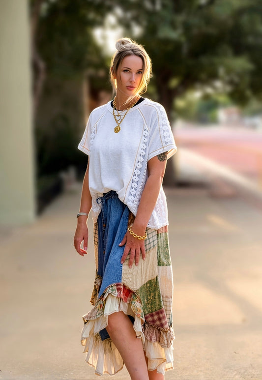 Western Boho Chic: Patchwork Midi Skirt