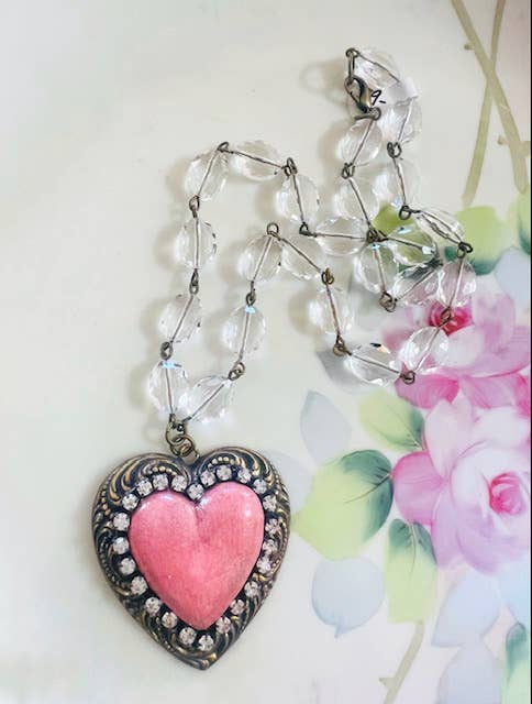 Pink Distressed Heart Filigree Pearl Beaded Chain  Necklace