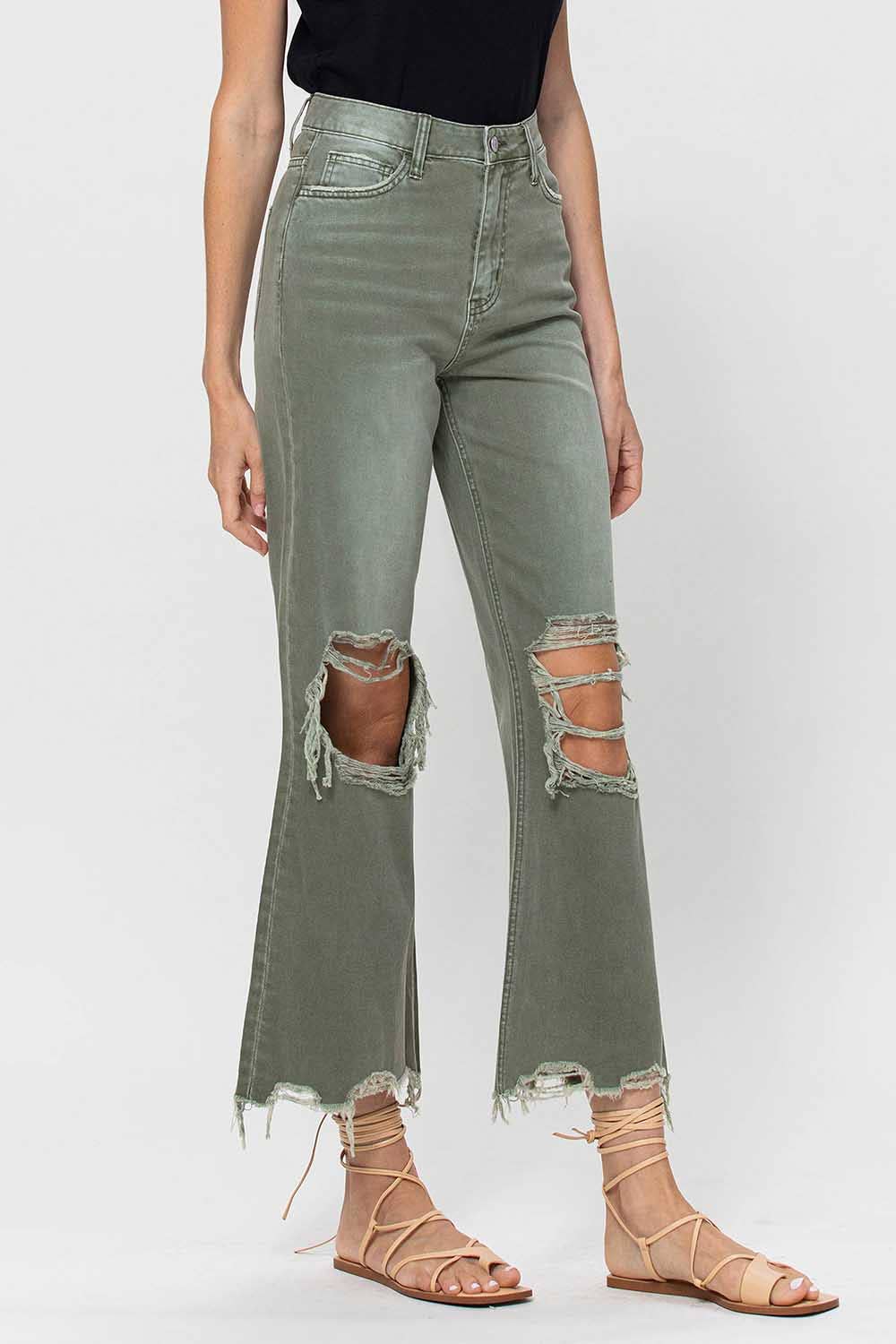 90S VINTAGE HIGH RISE CROP FLARE JEAN V2738: ARMY GREEN