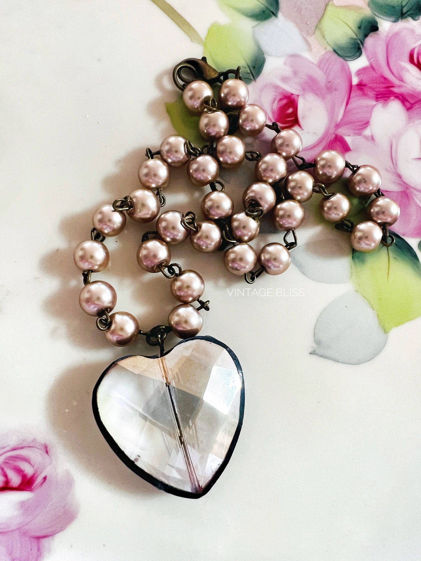 Soldered Crystal Heart Coffee Pearl Beaded Chain Necklace