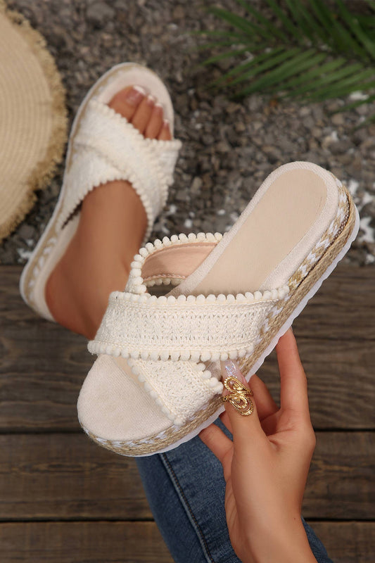 Pompom Knit Platform Slide Slippers