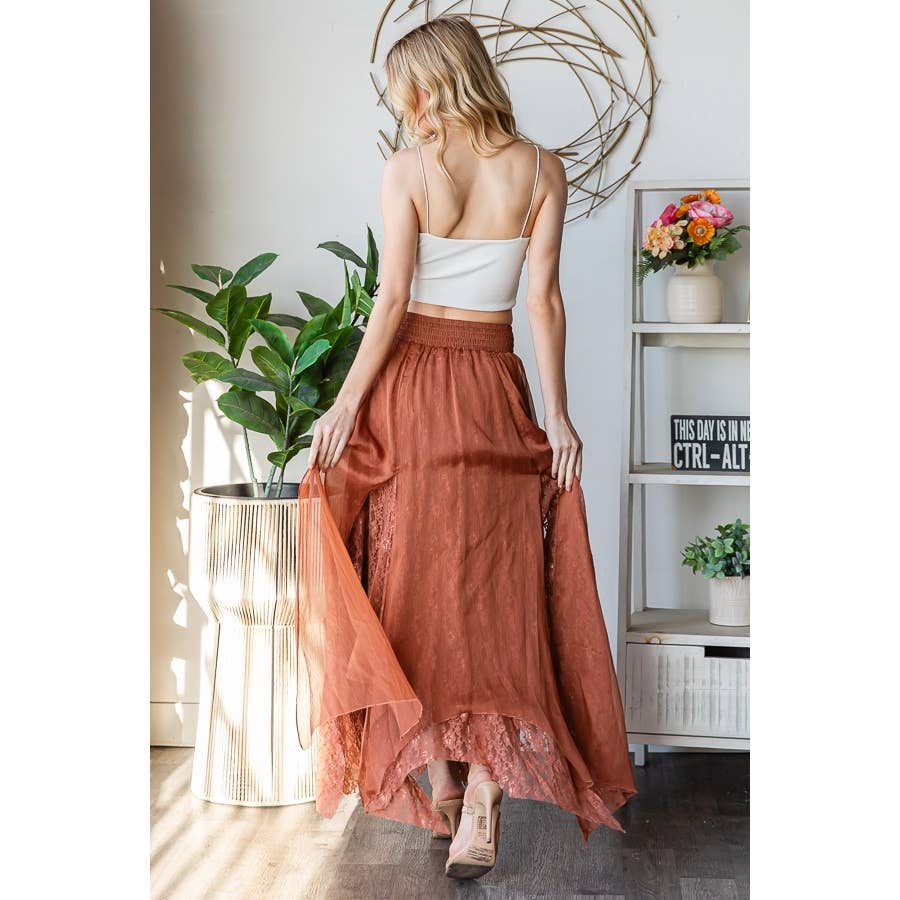 CHIFFON LACE MIXED OVERLAY A-LINE MIDI SKIRT