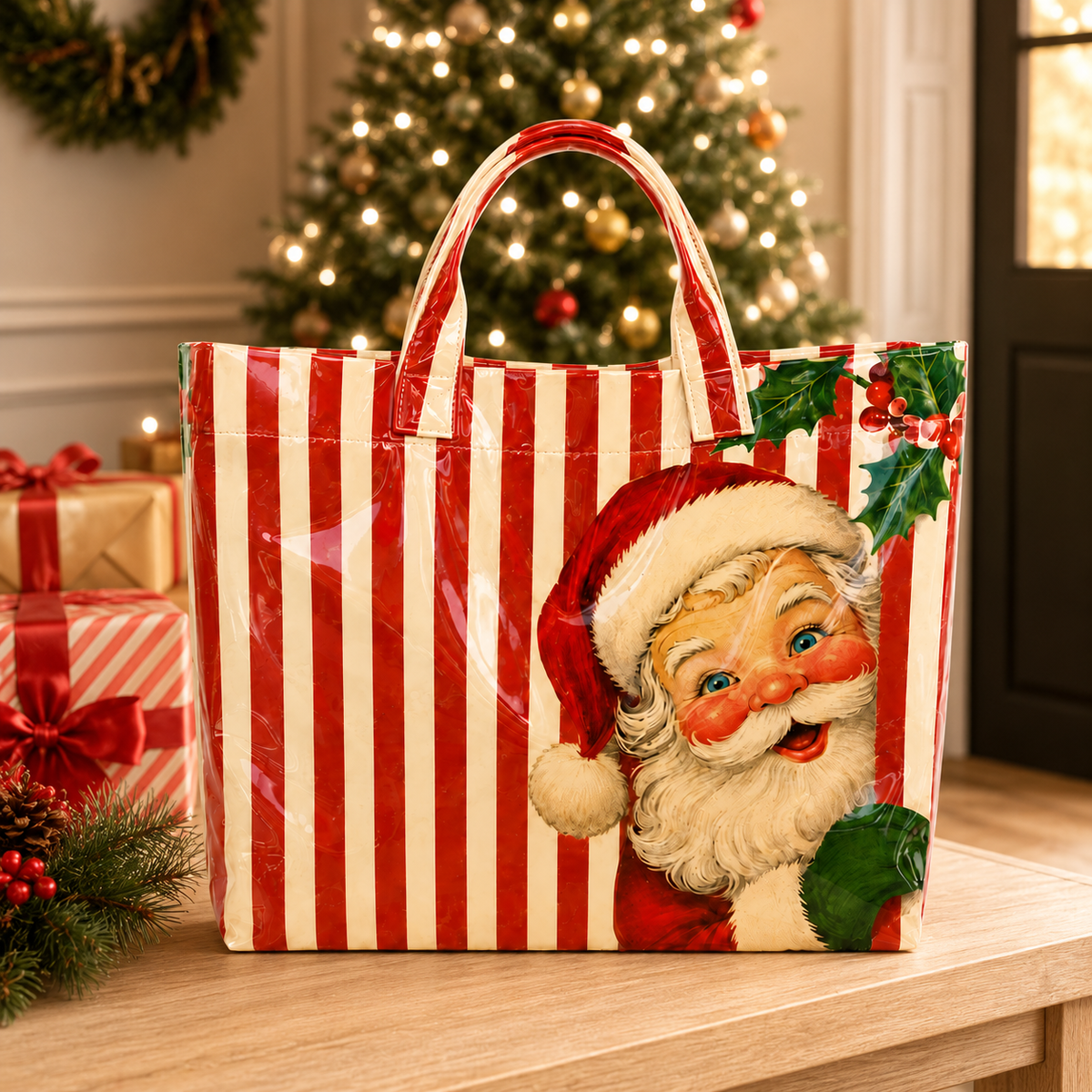 Vintage Santa Striped Holiday Coated Canvas Tote