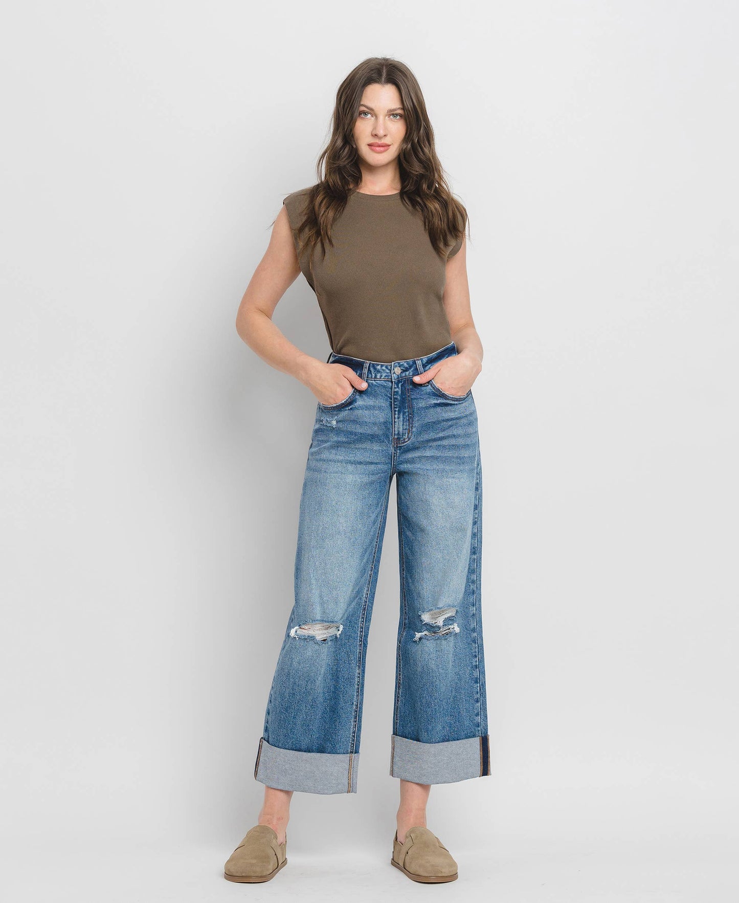 SUPER HIGH RISE DOUBLE CUFFED BAGGY WIDE JEANS LV1459