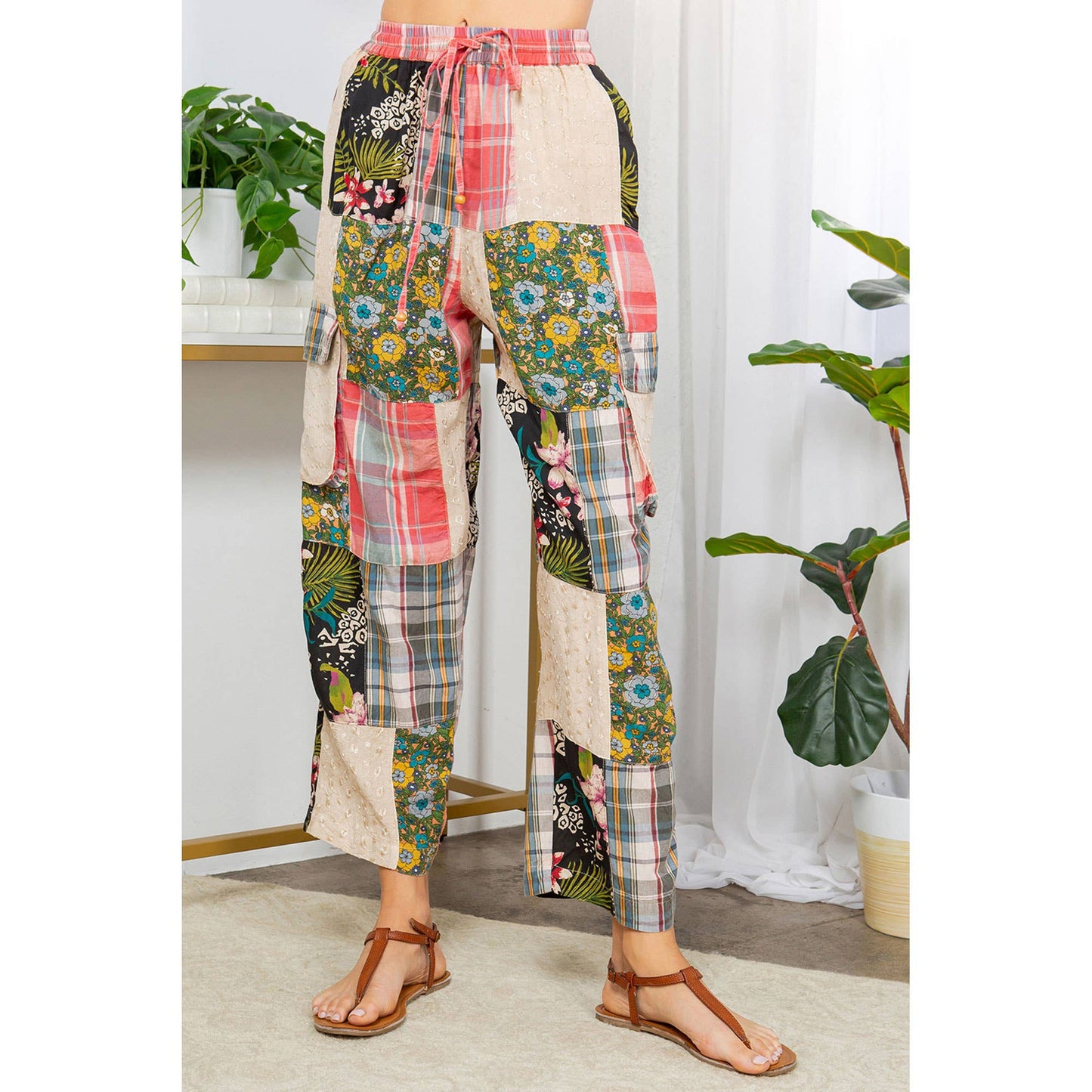 Bohemian Patchwork Straight Pant Plaid & Schiffli Embroidery