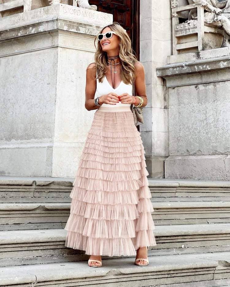 Pink Fashion gauze pure color tiered skirt