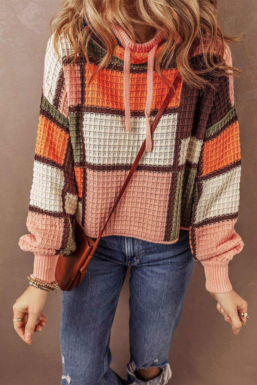 Colorblock Waffle Knit Cowl Sweater